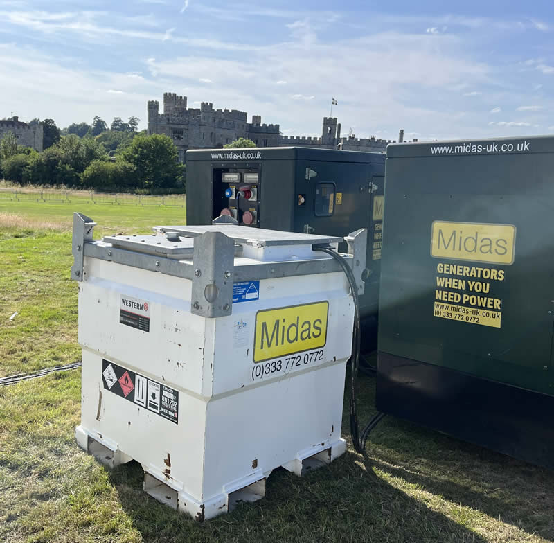 Midas diesel generator and equipment in outdoor setting, featuring visible branding and contact information, with a historical castle backdrop, illustrating power solutions for events and industrial sectors.