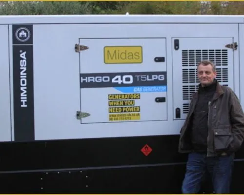Midas HRGO T5 LPG gas generator with man standing beside it, showcasing innovative power solutions for efficient and sustainable energy management.