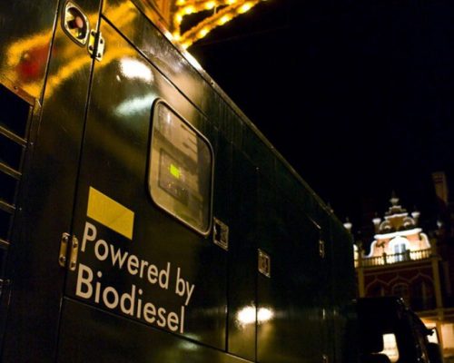 Generator powered by biodiesel, illuminated at night, showcasing Midas Productions' commitment to sustainable power solutions for events.