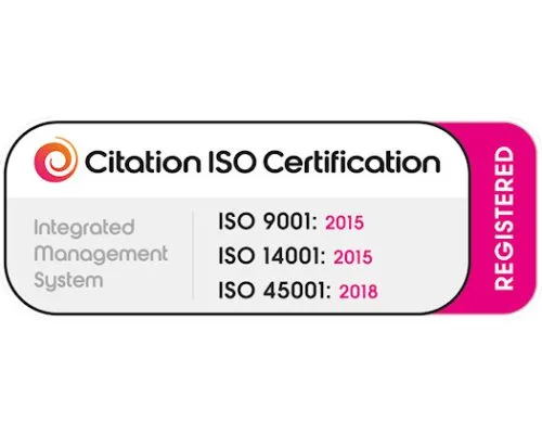 ISO certification badge featuring Citation ISO Certification logo, indicating Midas Productions UK Ltd's compliance with ISO 9001, ISO 14001, and ISO 45001 standards for quality, environmental, and occupational health and safety management systems.