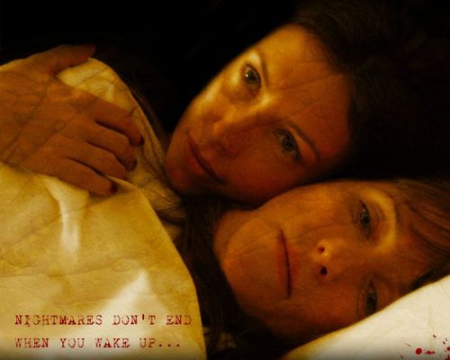 Two women lying in bed, looking concerned, with text overlay "Nightmares don't end when you wake up," suggesting a theme of psychological tension or horror, relevant to the film "Expose."