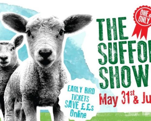 Sheep at the Suffolk Show 2017, promotional banner featuring event details and early bird ticket information.