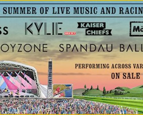 Jockey Club Live event promotional banner featuring performances by Kylie Minogue, Boyzone, Spandau Ballet, and Kaiser Chiefs, highlighting a summer of live music and racing at various racecourses.
