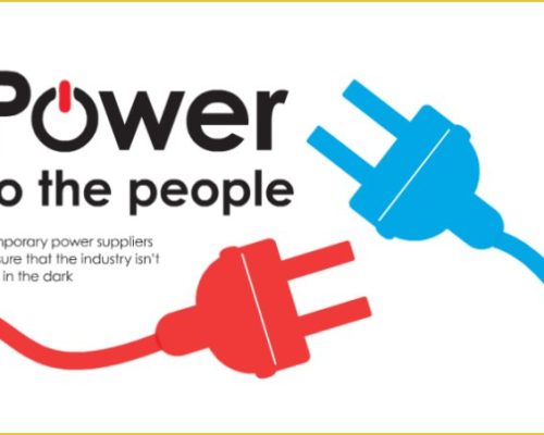 Power to the People graphic featuring red and blue electrical plugs, emphasizing Midas' role as temporary power suppliers for live events and industries.